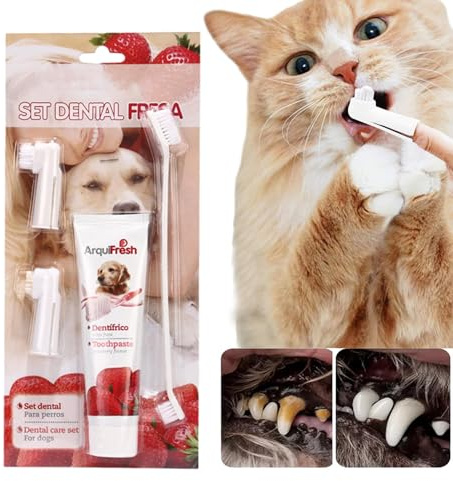Cepillo de dientes para perros y pasta de dientes – Kit de cuidado bucal para mascotas con pasta de dientes comestible, cepillo de dientes de dedo y 3 cabezales intercambiables | Limpiador dental para