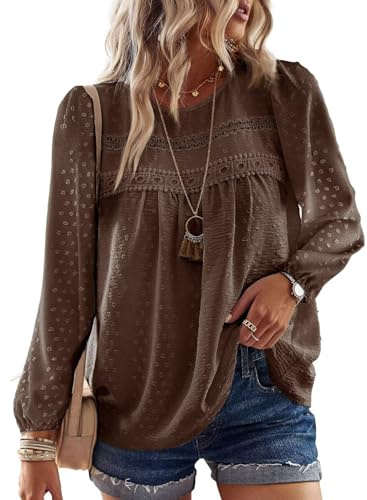 TUUHAW Tunic Tops for Women UK to Wear with Leggings Bohemian Going Out Top Lace Crochet Brown Shirts for Women Swiss Dot Crew Neck Long Sleeve Bubble Hem Women's Blouses L
