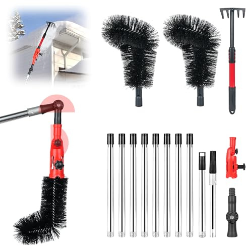 Gutter Cleaning Tools, Telescopic Gutter Cleaner Kit with 13 Extendable Poles, Adjustable Angle, Gutter Rake & 2 Gutter Brush Roof Cleaning Equipment for Removing Leaves Debris Spider Web (Black)