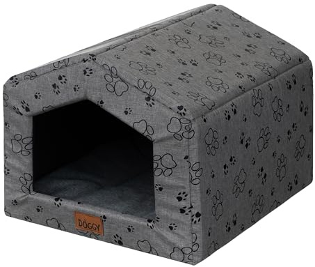 DOGGY Hundehütte – Hundehöhle mit Kissen - Winterfest Wasserdicht Wetterfester – Warm Hundehaus - Katzenhaus Für Draußen - Haustiere Kleine Hund Katze 46x50x38 cm - Graphit mit Pfoten