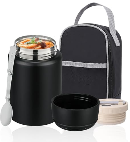 Carreuty 750ml Food Flask, Stainless Steel Vacuum Food Jar with Folding | Spoon and Bag Leakproof Food Flasks for Hot/Cold Food, Portable Food Jar for School Office Picnic