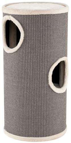 GYMAX Kratztonne Ø 36 cm, Höhe 70 cm, 3-stöckige Katzentonne mit Plüschsitz, Sisal-Kratzbrett, großen Eingängen & innerem Tunnel, Stabiler Kratzbaum für Kätzchen bis 15 kg, Grau