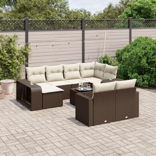 Frdhee Ensemble chaise longue de jardin, 11 pièces, avec coussin, en polyrotin, groupe de bancs d'angle pour terrasse et balcon Marron