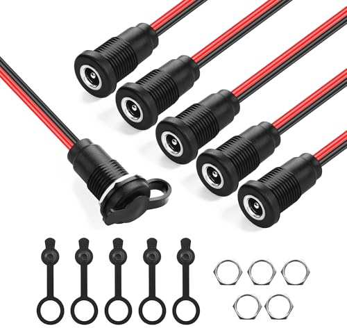 PNGKNYOCN 6Pcs DC 5.5 x 2.1mm Power Jack,DC 5.5 x 2.1mm Female Panel Mount Connector with Pre-soldered Wires and Waterproof Cover Cap