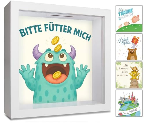 GLÜCKSWOLKE - Spardose Kinder - süßes Monster Motiv - 3D Bilderrahmen | Geldgeschenke Verpackung für Geburtstag I Sparschwein groß I Kinderspardose & Sparbüchse I Geld Geschenk für Junge & Mädchen