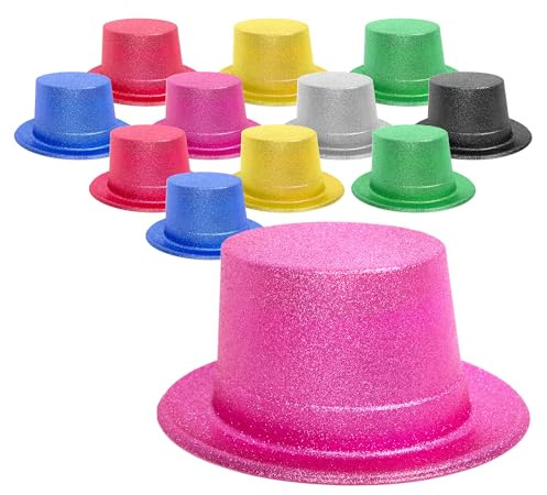 Fun Central 12-Pack Bright Glitter Plastic Top Hats – Assorted Colors New Year’s Eve 2026 Party Hats, Bulk Celebration Accessories