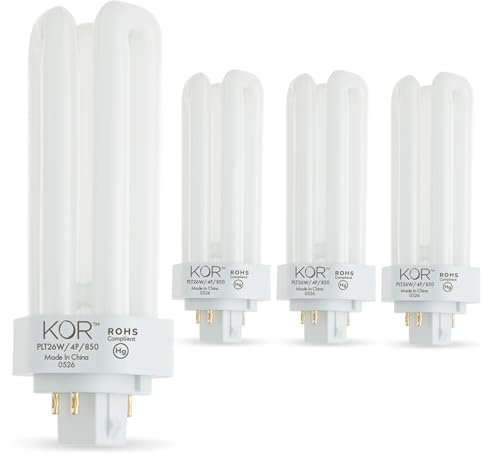 KOR (Pack of 4) PL26W/3U/4P/5000K - 26 Watt Triple Tube - GX24Q-3 (4 Pin) Base - 5000K Bright White - Compact Fluorescent Light Bulb.