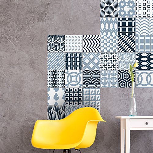 30 Stickers adhésifs carrelages | Sticker Autocollant Carreaux de ciment - Mosaïque carrelage mural salle de bain et cuisine | Carreaux de ciment adhésif mural - azulejos - 10 x 10 cm - 30 pièces