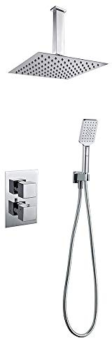 Kibath Grifo termostático ducha para empotrar ABE salida techo. Soporte con toma agua, flexo PVC plateado, brazo ducha y rociador extraplano. Ducha empotrable acabado cuadrado en cromo brillo, 153694