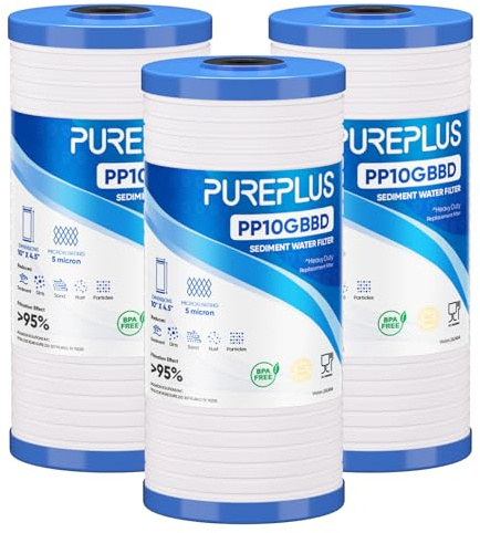 PUREPLUS AP810 Whole House Grooved Sediment Water Filter, Replacement Cartridge for 3M Aqua-Pure AP810, AP811, AP801, AP801-C, AP801T, AP801B, Whirlpool WHKF-GD25BB,WHKF-DWHBB,5 Micron 10x4.5, 3Pack