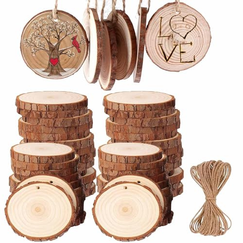 50PCS Dischi Legno Grezzo 5-6cm, BetterJonny Legno da Decorare Diametro Fette di Legno con Fori e Spago e Non Rifinite con Corteccia per Natale Segnaposto Pirografo Intagliare