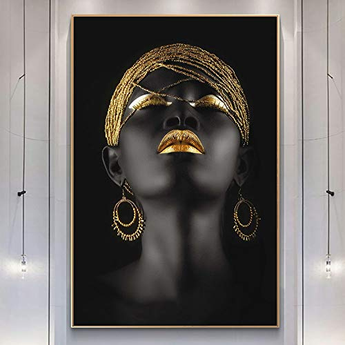 Moderne afrikanische Kunst goldene Lippen Frauen Ölgemälde auf Leinwand Wandkunst Poster und druckt skandinavisches Bild für Home Decoration 60x90cm