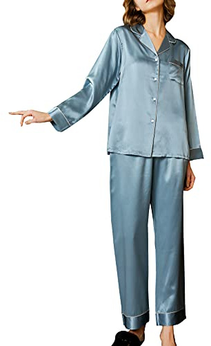 e-girl Ensemble de Pyjama Top et Pantalon Capri Vêtements de Nuit 100% Soie 19 Momme Bleu Femme Pyjama en Soie Manches Longues Simple,XL,T8002