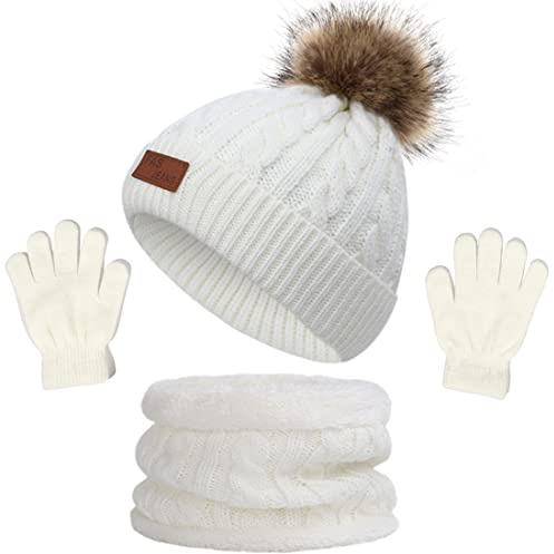NLAND Conjunto Gorro Bufanda y Guantes para Niño Niña 2-6 Años | Set de 3 Piezas de Accesorios de Invierno Térmicos y Portátiles,Braga Cuello con Pompón,Suave,Cálido y Elástico