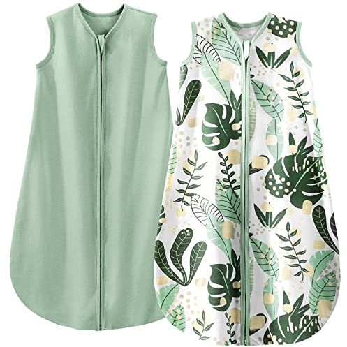 Yoofoss Paquete de 2 Saco de Dormir para Bébé de Verano 0.5 TOG 100% Algodón transpirable Saco de Dormir 78 cm para Neutral Niñas Niños 6-12 Meses- Verde + Hoja de Plátano
