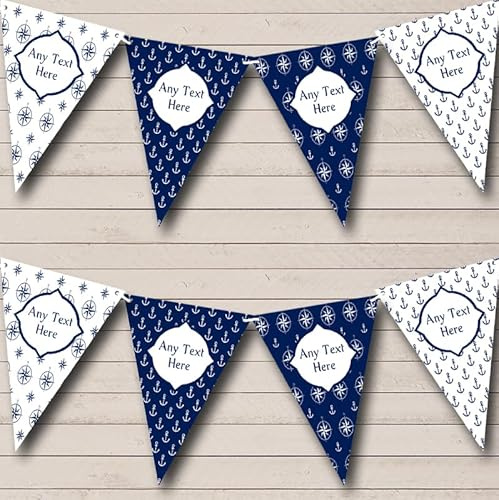 Fingerprint Designs White Blue Nautical Anchor Compass Personalised Birthday Party Bunting - Hanging Party Decoration - Birthday Party Banner Garland | Decorative Party Supplies