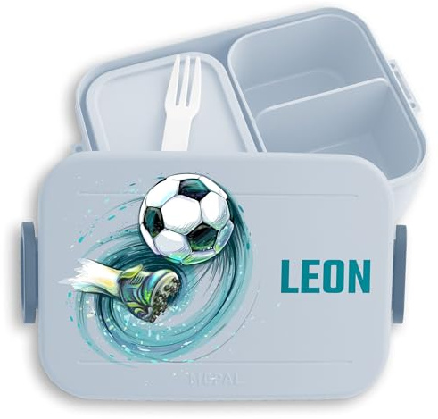 Kinder Bento Box Midi Lunchbox für Mepal Bentobox - Fußball Fußballfan Schuss Soccer mit Name - 900 ml - Hellblau - personalisierte einschulung geschenke brotdose fussball fußballfans