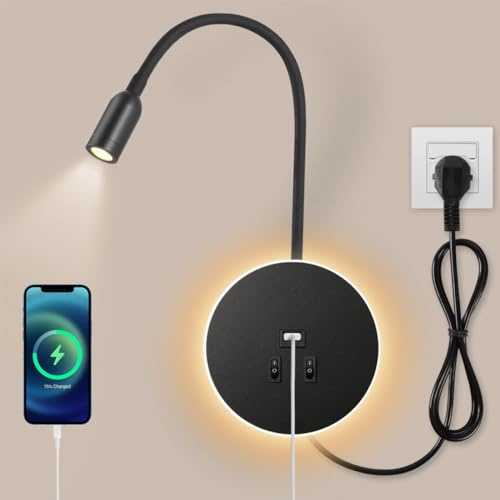 Awekliy Lampada da Parete a LED, Lampada da lettura da comodino a collo di cigno con interruttore, Porta di Ricarica USB,Luce della camera da letto(3W Luce Naturale+8W Luce Calda)Con cavo e spina Nero