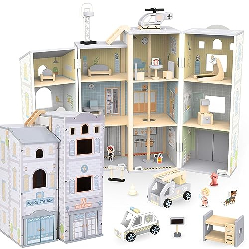 Mamabrum Wooden Fire and Police Station Playset for Kids 3+ Years - Role Play Toys with Vehicles & Accessories – Compatible with Figures