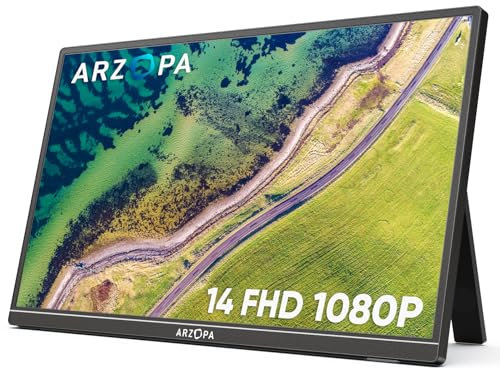 ARZOPA Portable Monitor, 14.0 Zoll 1920×1080 FHD IPS Tragbarer Monitor für Laptop mit Einzelstange, Unterstützt HDMI/Typ-C/USB-C, Augenschutz-Gaming-Bildschirm für Laptop/PC/Mac/PS3/4/5/Xbox