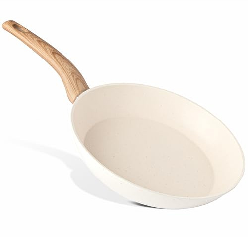 nuovva Poêle à frire antiadhésive – Poêle à frire à induction antiadhésive – Poêle de chef de cuisine – Granit crème, 26 cm