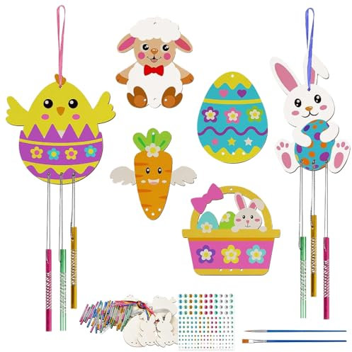 Palwin Ostern Windspiel Bastelset Kinder 12 TLG, Ostern Basteln, Osterbasteln zum Bemalen und Osterdeko, Osterhase Osterküken Karotte Ostereier für Osterdeko Frühling Mädchen Junge