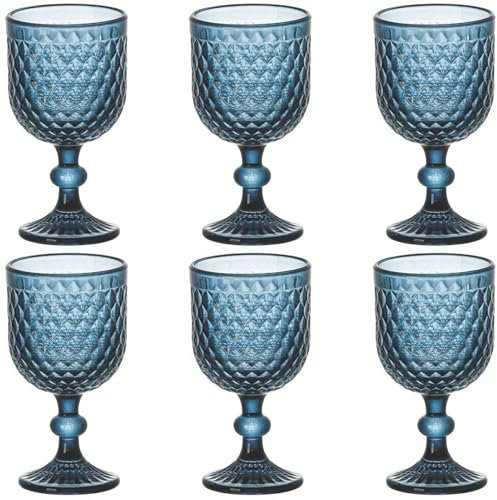 Taganov Blue Wine Glass Goblets set of 6 Vintage Glassware Colored Stemware 13.5 oz for Wedding Party Bar Housewarming Gift