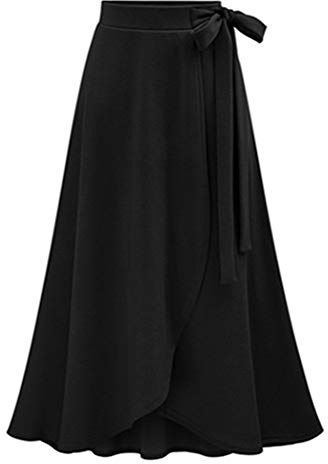 Yanhalo Womens Plain Soft Stretch Ladies Elasticated Waistband Mid-Calf Full Flared Skater Skirt Asymmetric Split Design Black