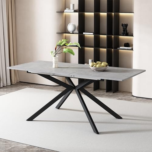 KAZZIO Tavolo da pranzo allungabile, tavolo da pranzo rettangolare automatico, tavolo da caffè per il tempo libero, L150/180xL70xA76cm, design gambe a croce, motivo cemento (Nero e Grigio)