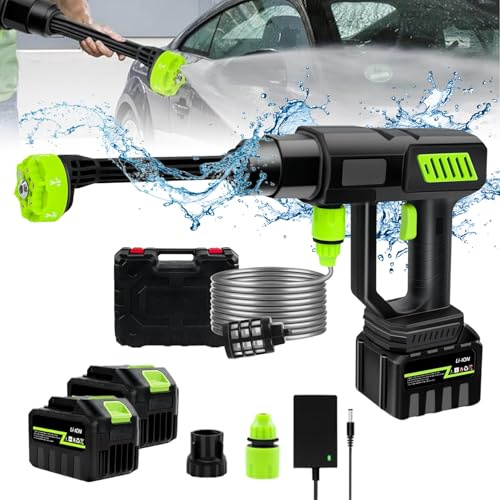 Nettoyeur Haute Pression sans Fil 21V, Nettoyeur Haute Pression sur Batterie, 6-en-1 Multi-Usage Buse, Tuyau De 5m, pour Voiture, Maison, Sols, ExtéRieur (2 Batteries 1 Chargeur)