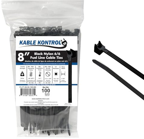 Kable Kontrol Black Fuel Hose Radius Clamp Cable Ties, 200 mm x 4.8 mm, Pack of 100, 8 Nylon Zip Ties, UV & Chemical Resistant Tie Wraps, Secure Self-Locking Mechanism for Automotive & Industrial Use