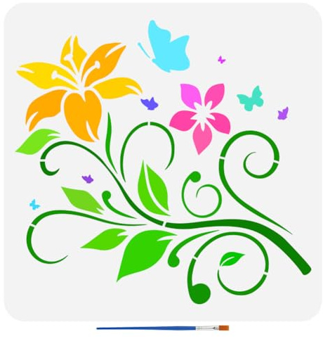 FINGERINSPIRE Stencil di Fiori con Un Pennello Da 30x30cm Motivo A Farfalle di Giglio Stencil per Pittura Moo di Disegno di Viti Stencil di Foglie di Gigli In PET Moi di Temi Vegetali per Pareti