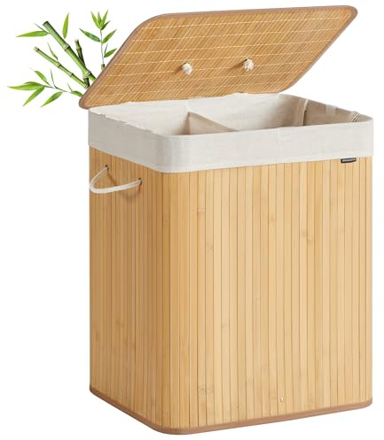 SONGMICS Panier à Linge 120 L, Corbeille Linge Sale 2 Compartiments de Tri, Couvercle, en Bambou, Poignées, Pliable, Sac Amovible Lavable en Machine, Buanderie, Chambre, Naturel LCB014Y01V1