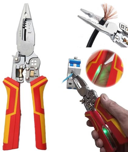 Pince à dénuder 9 en 1 avec fonction de mesure de l'électricité – Coupe-câble, extracteur, grattoir et outil de sertissage avec testeur de tension, pour électriciens, bricolage et projets de câblage