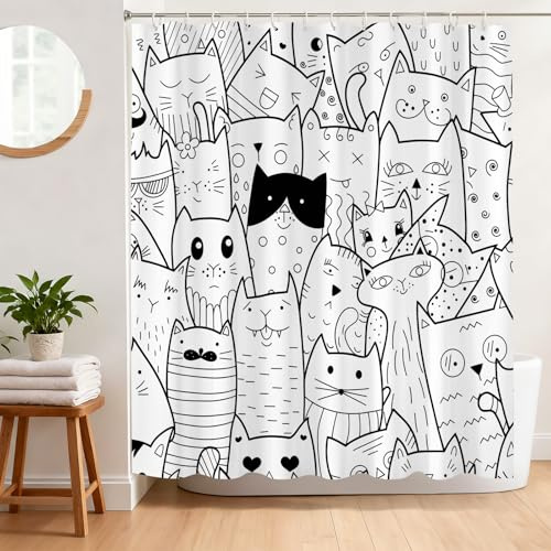 BREASOME Duschvorhang 180x180 cm Anti-Schimmel Duschvorhang Lustig Cartoon Katze Stoff Polyester Wasserdicht Badewanne Vorhang mit Ösen und 12 Haken | Modernes schwarz-weißes Katzen-Design, wasserdichter Stoff Badvorhang-Set mit Haken für Badezimmer