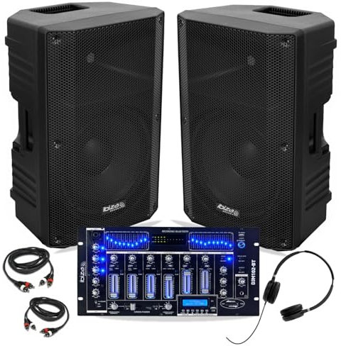 Ibiza - Pack Sono 2 Enceintes Ibiza XTK12A-MKII 12 500W - Table Mixage Bluetooth DJM102-BT USB - Casque -Câbles - DJ Soirée Fête Mariage