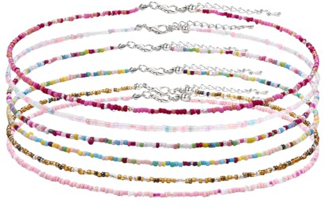 JewelryWe Färgglada pärlor, choker-halsband: 6 stycken, boho, regnbåge, pärlhalsband, justerbar, chokerkedja, sommar, strand, halsband, bohemisk, Hawaii-stil, smycken, Y2K, present för kvinnor