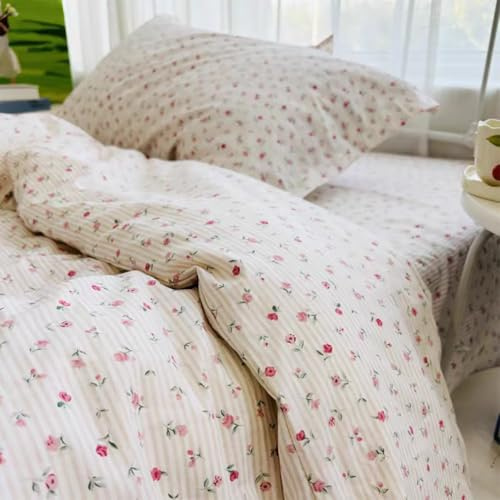 Michorinee Housse de Couette 220x240 Petites Fleurs Rose - Vintage Parure de Lit Motif Floral et Rayures avec Fermeture Éclair - Linge de Lit 2 Personnes en Microfibre avec Taies d'oreiller 65x65 cm