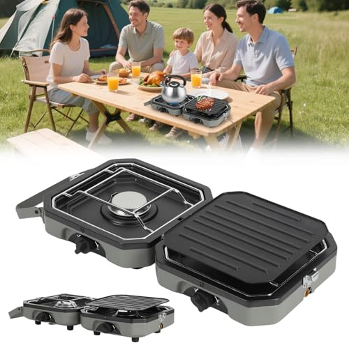 Eikuavons Hornillo de gas con parrilla, barbacoa de gas plegable para camping, cocina de gas, estufa de camping para camping, cocina al aire libre, mochilero y picnic