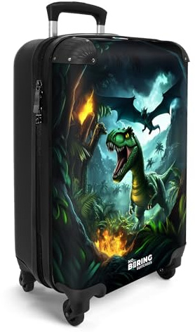NoBoringSuitcases© Handgepäck Koffer Kinder Reisekoffer Kinderkoffer 4 | 55x35x20 cm - Rollen Leicht Cabin Trolley Hartschalenkoffer für Jugendliche Dinosaurier - Drache - Dschungel - Tal