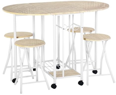 Songvas Tavolo da Pranzo con 4 Sgabelli Pieghevoli, Tavolo Cucina con Rotelle, Tavolo Pieghevole Salvaspazio, Portabottiglie in Metallo e Scaffali di Archiviazione, Stile Industriale (Legno e Bianco)