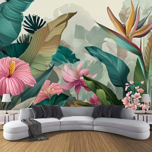 Carta Da Parati Effetto 3D Piante Tropicali Salotto Camera Corridoio Murali Fiori Di Foglie Di Banano Decorazione Da Muro 300×210cm Verde Grande Carta Da Parati Resistente Ai Raggi Uv