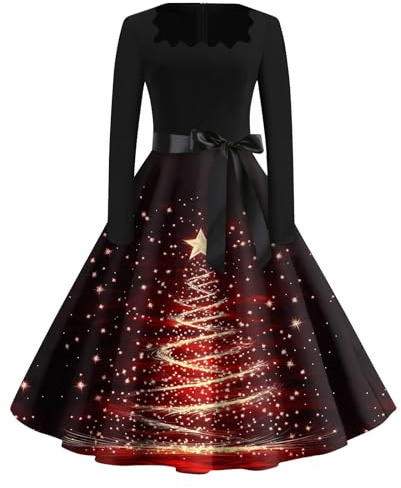SCBFDI Robe Femme Noel, Cadeau Noel Pas Cher, Robes Noël Elegant Manche Longue Dresses Bureau Midi Col Carré Robe Ceinture Fit Flocon de Neige Doux Rouge XL