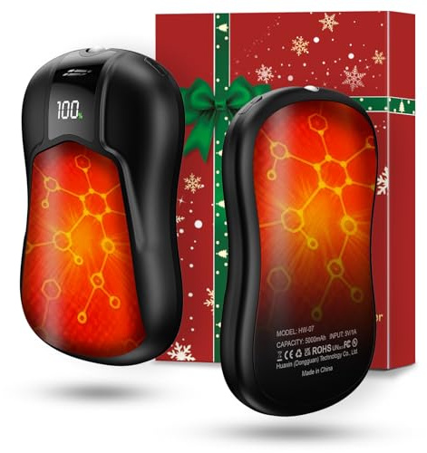 Chauffe-Mains Noir Rechargeable 10000mAh Double Face, Chauffage Rapide 2 Secondes, 5 Niveaux de Température, Lampe Torche LED - Paquet de 2, pour Camping, Maladie de Raynaud, Hiver