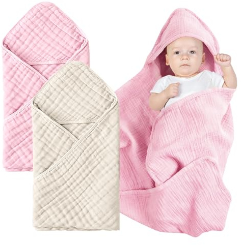YJSDDNTY 2pcs Kapuzenhandtuch Baby, Baby Handtuch Kapuze für Badezimmer,Weiche und Saugfähige Babyhandtuch mit Kapuze, Geeignet für Neugeborene und Babys 0–18 Monate, 80x80cm, Rosa
