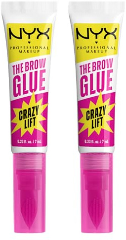 NYX Professional Makeup The Brow Glue Crazy Lift Gel Sopracciglia Trasparente Lunga Tenuta 24h Fissaggio Effetto Laminazione Resistente al Sudore Pettinino Integrato Formula Vegana - 2 Flaconi da 7ml