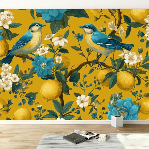 Carta Da Parati Fotografica 200 x 140 cm Fiori E Uccelli Eleganti Moderne Decorazione Da Muro Poster Design Vello Decorazione Murale per Soggiorno Camera Da Letto, Giallo
