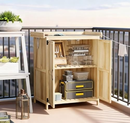 GOWE Garden Tool Shed,Wooden Potting Bench with 2 Doors,Outdoor Storage Cabinet,with Metal Tabletop and Shelf