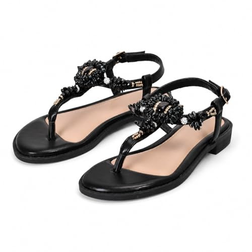 CLEIKS Sandali Donna Infradito Eleganti con Fiori e Strass Cinturino Regolabile per Estate Mare e Cerimonia (Nero, 36EU, WFF260276-1)