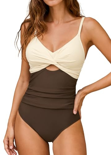 CUPSHE Women's Swimming Costume Tummy Control Swimwear Twist Front Cutout Adjustable Straps Ruched One Piece Swimsuit